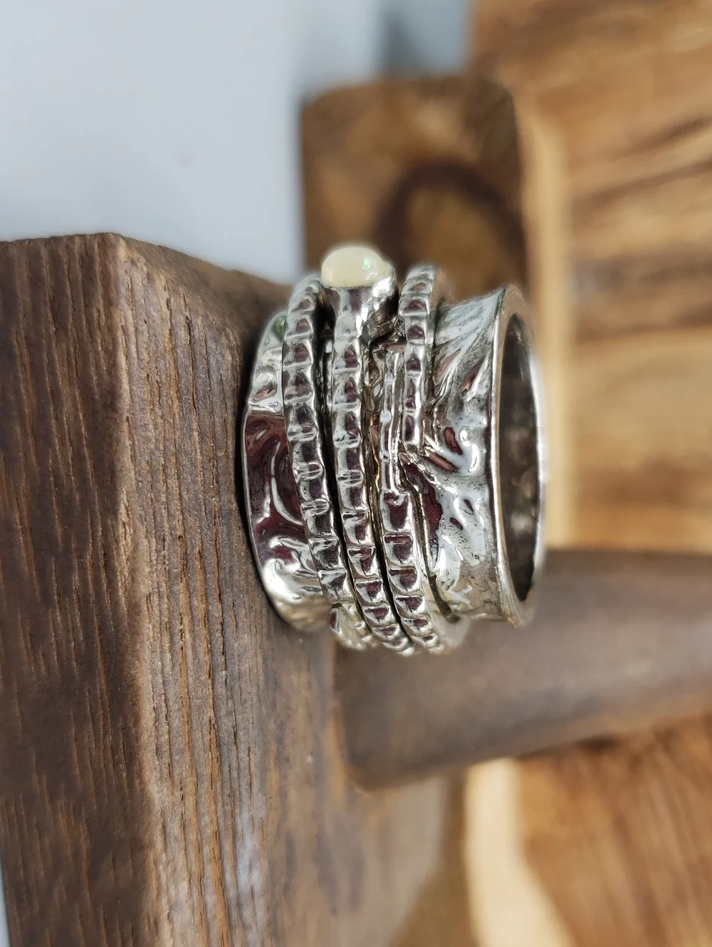 Silver Spinner Ring - 3 Multi-Stack Ring w/ Pink Purple Cream Stones - Hammered
